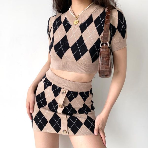 two piece dress vintage argyle print crop + high waist knitted mini skirt women's sets y2k plaid suit, White
two piece dress vintage argyle print crop + high waist knitted mini skirt women's sets y2k plaid suit, White