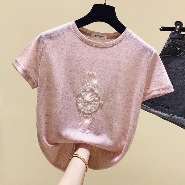 summer beading short sleeve korean women t shirts fashion clothes tee femme, White