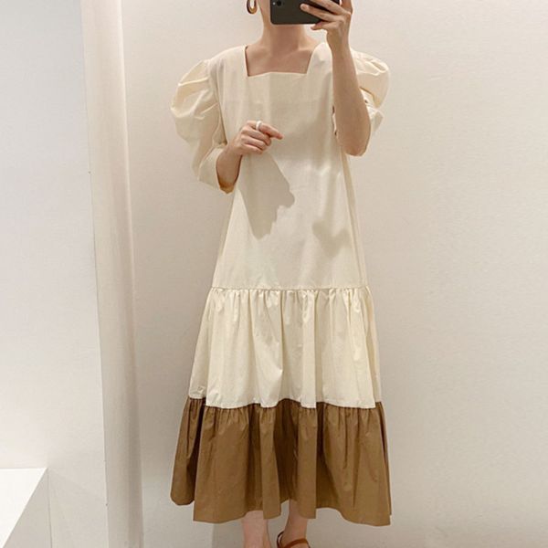 women contrasting color stitching long dress square collar neck short puff sleeve fashion spring summer riobe 210510, Black;gray
women contrasting color stitching long dress square collar neck short puff sleeve fashion spring summer riobe 210510, Black;gray