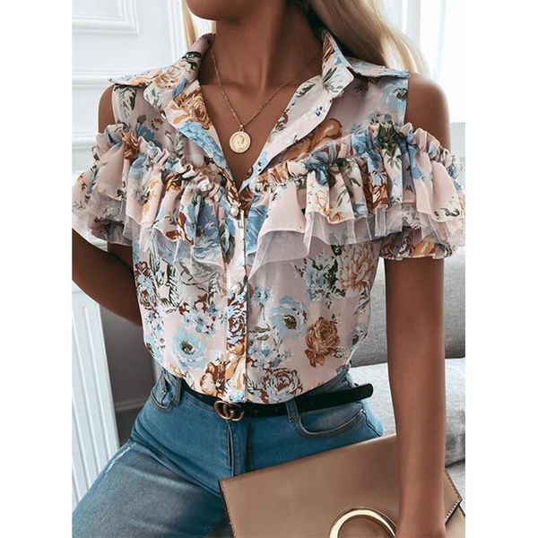 women's blouses & shirts floral print blouse summer ruffles turn-down collar shirt elegant slim blusas boho and female, White
women's blouses & shirts floral print blouse summer ruffles turn-down collar shirt elegant slim blusas boho and female, White