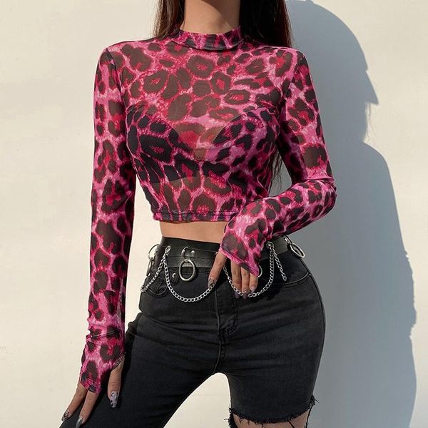 women's t-shirt leopard print mesh slim round neck long sleeve pink, White