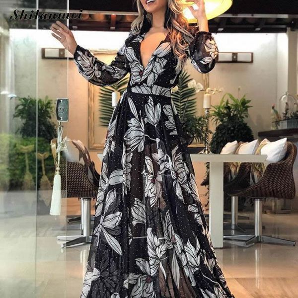 casual dresses 2021 autumn deep v chiffon dress women long sleeve floral loose high waist maxi party vestidos, Black;gray
casual dresses 2021 autumn deep v chiffon dress women long sleeve floral loose high waist maxi party vestidos, Black;gray
