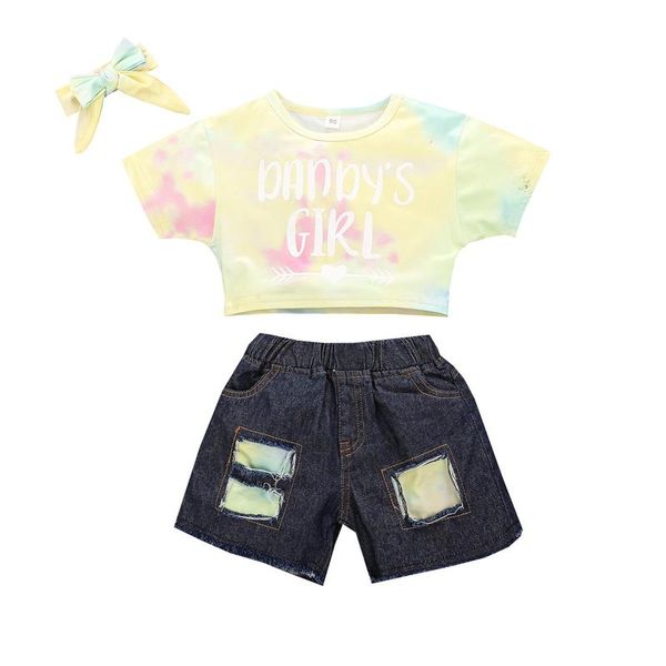 fashion baby girl short sleeves + denim shorts bow headband, tie-dye printing elastic waist summer clothing 1-6t sets, White
fashion baby girl short sleeves + denim shorts bow headband, tie-dye printing elastic waist summer clothing 1-6t sets, White