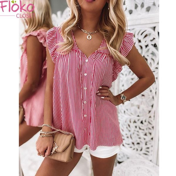 women's blouses & shirts flokocloset summer stripe shirt women casual loose v-neck short sleeve ruffles blouse elegant street style, White
women's blouses & shirts flokocloset summer stripe shirt women casual loose v-neck short sleeve ruffles blouse elegant street style, White