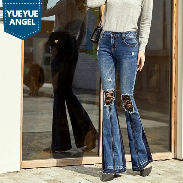 women's jeans women big ripped hole lace splice high waist flare streetwear slim tassel trousers fashion office lady denim pants, Blue
women's jeans women big ripped hole lace splice high waist flare streetwear slim tassel trousers fashion office lady denim pants, Blue