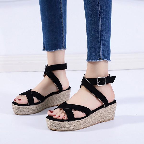 women thick bottom sandals buckle strap narrow band wedged solid slope heel candy colors female shoes plus size summer, Black
women thick bottom sandals buckle strap narrow band wedged solid slope heel candy colors female shoes plus size summer, Black