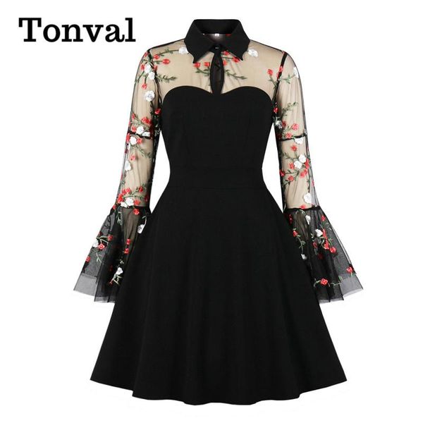 casual dresses tonval floral embroidered mesh long sleeve elegant party dress vintage women turn-down collar keyhole black a-line mini, Black;gray
casual dresses tonval floral embroidered mesh long sleeve elegant party dress vintage women turn-down collar keyhole black a-line mini, Black;gray