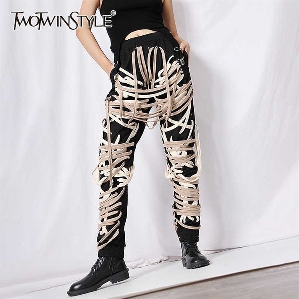 twotwinstyle cross bandage pants for women high waist full length plus size casual black trousers female autumn style 211115, Black;white
twotwinstyle cross bandage pants for women high waist full length plus size casual black trousers female autumn style 211115, Black;white