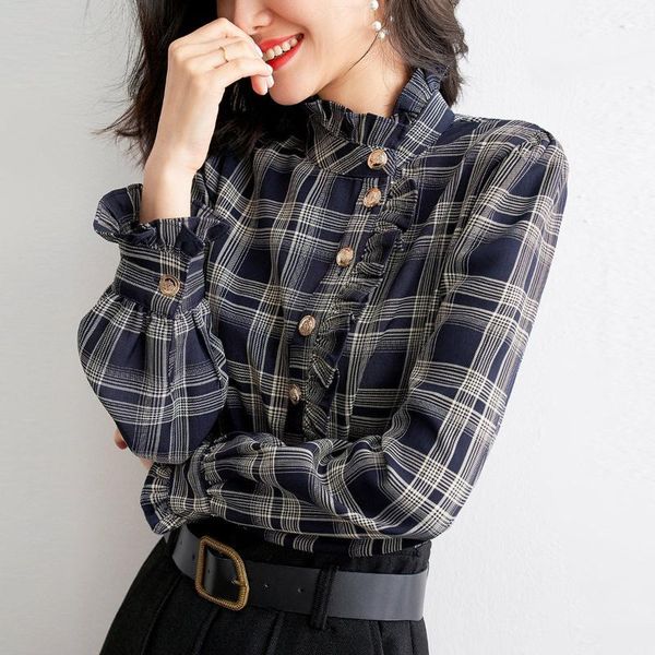women's blouses & shirts 2021 spring hk style jacket wood ear bottoming blouse plaid shirt female temperament top, White
women's blouses & shirts 2021 spring hk style jacket wood ear bottoming blouse plaid shirt female temperament top, White