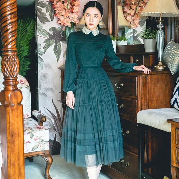 casual dresses 2021 fashion women's clothing doll collar mesh dress female autumn and winter retro, Black;gray