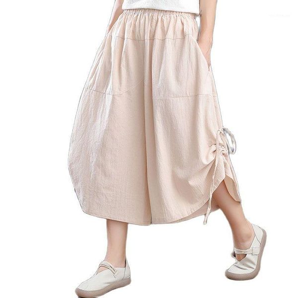 women's pants & capris the seven points wide leg summer high waist cotton ladies hakama loose pant elastic retro culottes, Black;white 
women's pants & capris the seven points wide leg summer high waist cotton ladies hakama loose pant elastic retro culottes, Black;white