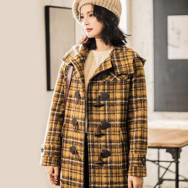 women's wool & blends 20 college style coat ox horn buckle hooded medium and long female autumn winter 7366, Black
women's wool & blends 20 college style coat ox horn buckle hooded medium and long female autumn winter 7366, Black