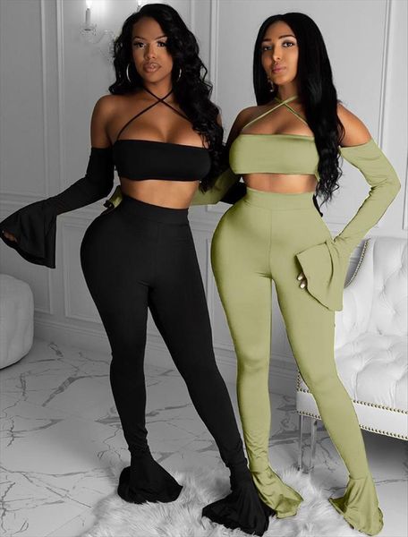 long flare sleeve halter womenpant slash neck crop leggings 2 pieces set autumn winter women tracksuit, White
long flare sleeve halter womenpant slash neck crop leggings 2 pieces set autumn winter women tracksuit, White