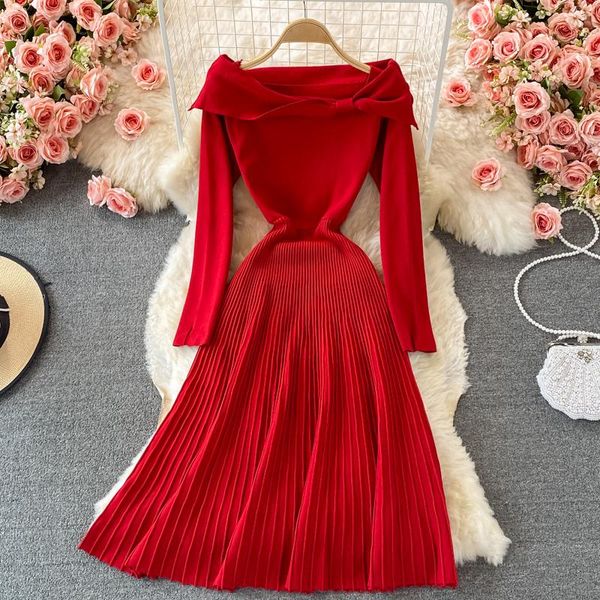 casual dresses autumn winter long sleeve midi pleated knitting sweater for women 2021 slash neck vestidos de fiesta red robe femme, Black;gray
casual dresses autumn winter long sleeve midi pleated knitting sweater for women 2021 slash neck vestidos de fiesta red robe femme, Black;gray