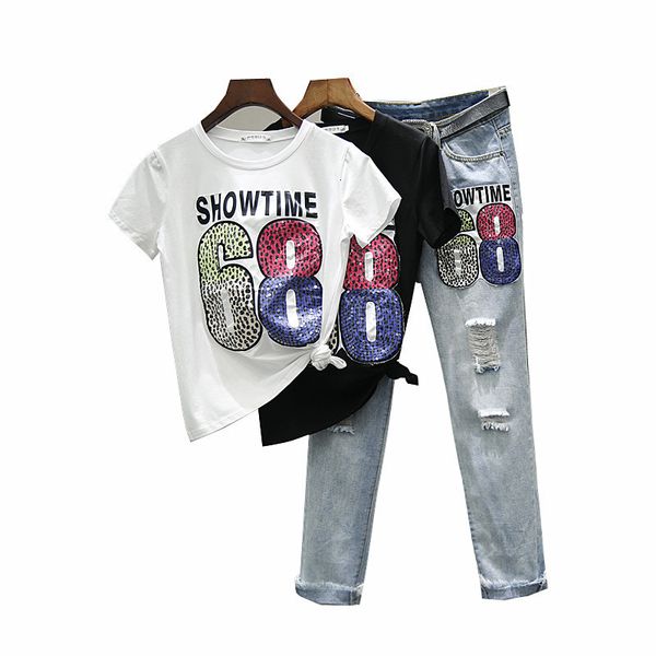 women's tracksuits summer women set nail beads sequin letter print cotton t shirt + loose hole denim pants two piece set women top, Gray
women's tracksuits summer women set nail beads sequin letter print cotton t shirt + loose hole denim pants two piece set women top, Gray