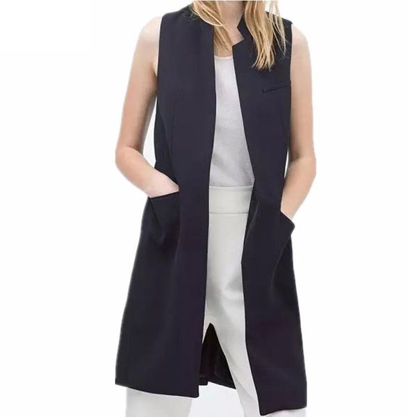 women's vests women suit vest waistcoat stand collar long female coat black pockets office lady sleevess, Black;white
women's vests women suit vest waistcoat stand collar long female coat black pockets office lady sleevess, Black;white