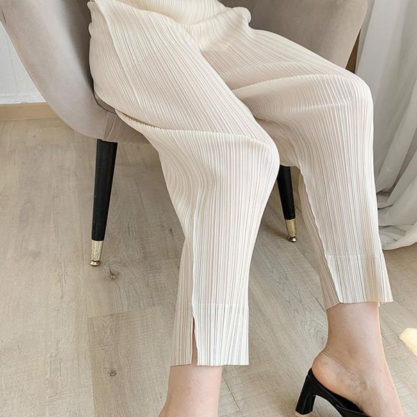 women's pants & capris plus size women stretch miyake pleated straight trousers split ankle length all matched casual female, Black;white
women's pants & capris plus size women stretch miyake pleated straight trousers split ankle length all matched casual female, Black;white