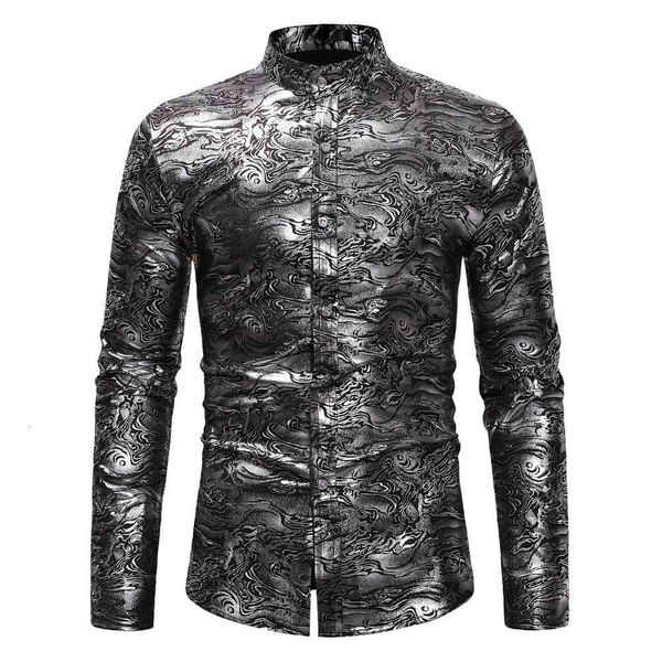 men's casual shirts fashion mandarin collar shirt men gold bronzing print mens social long sleeve camisas hombre j29y, White;black
men's casual shirts fashion mandarin collar shirt men gold bronzing print mens social long sleeve camisas hombre j29y, White;black