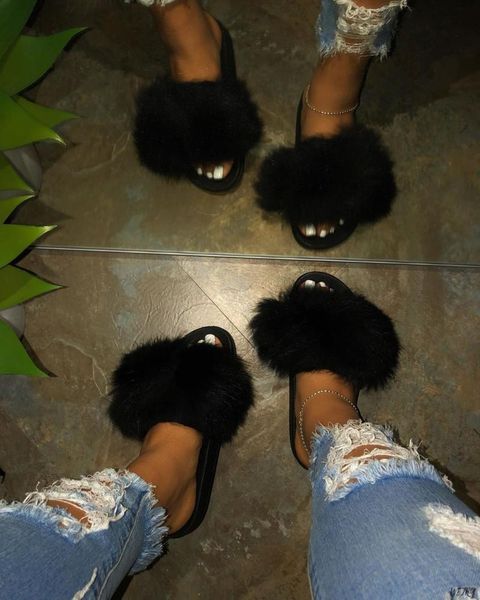 women faux raccoon fur fluffy slippers furry hair sandals woman flat non slip plush slides casual beach outside shoes, Black
women faux raccoon fur fluffy slippers furry hair sandals woman flat non slip plush slides casual beach outside shoes, Black