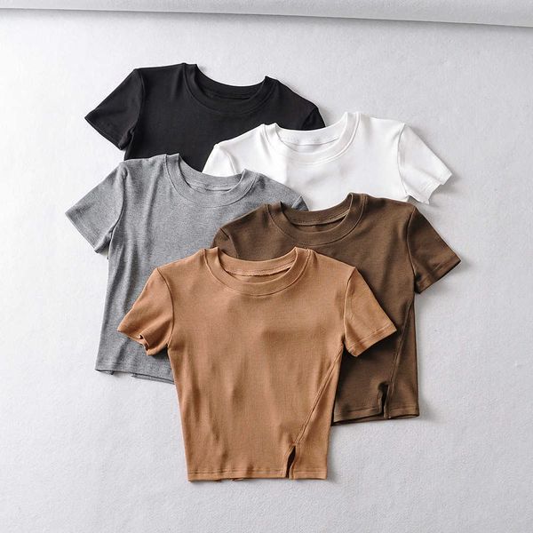thread cotton elastic slim fit waist hem side split small round neck 5-color t-shirt women's short sleeve, White
thread cotton elastic slim fit waist hem side split small round neck 5-color t-shirt women's short sleeve, White