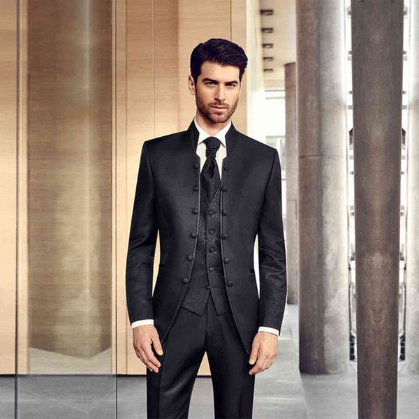 men's suits & blazers 3 pieces stand collar mens suit wedding tuxedos groom wear blazer slim fit custom made man suitjacket+vest+p, White;black 
men's suits & blazers 3 pieces stand collar mens suit wedding tuxedos groom wear blazer slim fit custom made man suitjacket+vest+p, White;black
