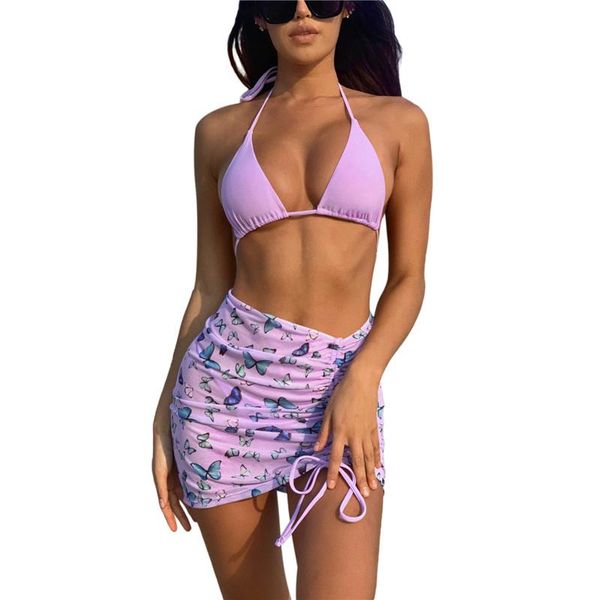 women's swimwear women 3pcs swimsuit set butterfly print halter bikini drawstring design summer beach skirts 2021, White;black
women's swimwear women 3pcs swimsuit set butterfly print halter bikini drawstring design summer beach skirts 2021, White;black
