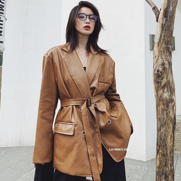 women's leather & faux vintage 2021 spring pu jacket women blazers fashion brown coat double breasted suits female, Black
women's leather & faux vintage 2021 spring pu jacket women blazers fashion brown coat double breasted suits female, Black
