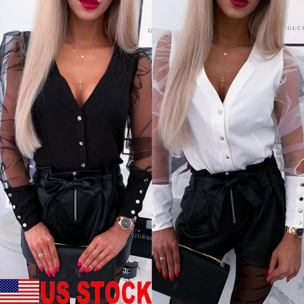 women mesh sheer see-through long puff sleeve button tee blouse women's blouses & shirts, White
women mesh sheer see-through long puff sleeve button tee blouse women's blouses & shirts, White
