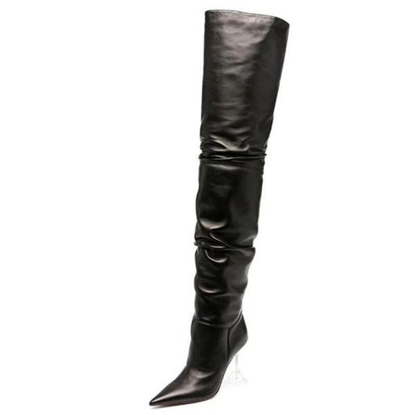 boots women's over the knee genuine leather transparent heel slip-on pleated pointed toe shoes stiletto rubber long women, Black
boots women's over the knee genuine leather transparent heel slip-on pleated pointed toe shoes stiletto rubber long women, Black