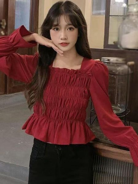 women's blouses & shirts spring and autumn ladies french square collar puff sleeves thin waist folded all-match shirt wine red, White
women's blouses & shirts spring and autumn ladies french square collar puff sleeves thin waist folded all-match shirt wine red, White