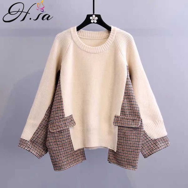 h.sa sueter mujer women sweater and pullovers plaid pocket patchwork knitted sweaters oversized beige jumpers loose 210716, White;black
h.sa sueter mujer women sweater and pullovers plaid pocket patchwork knitted sweaters oversized beige jumpers loose 210716, White;black