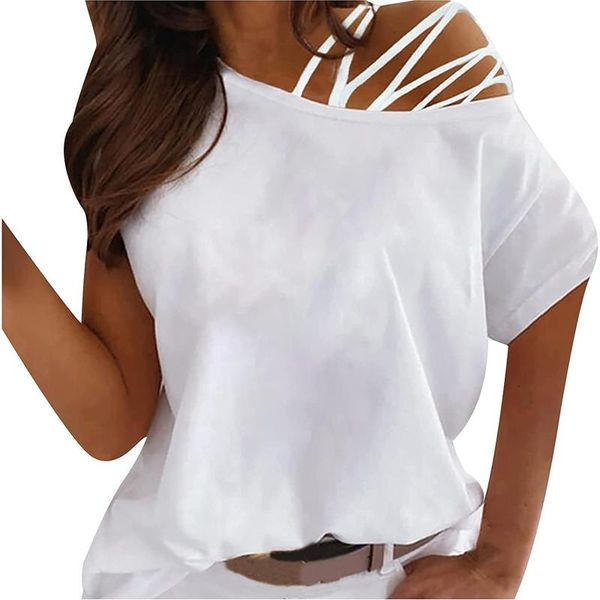 women's t-shirt solid color one side shoulder cut-out one-neck short-sleeved women streetwear clothing oversized, White
women's t-shirt solid color one side shoulder cut-out one-neck short-sleeved women streetwear clothing oversized, White