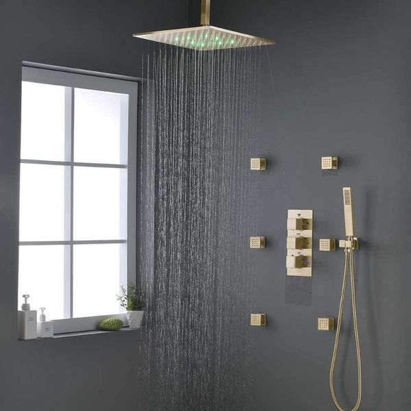 luxury bathroom thermostatic led 16 inch ceiling rainfall shower system with 6 pcs body jets mixer set brushed gold sets
luxury bathroom thermostatic led 16 inch ceiling rainfall shower system with 6 pcs body jets mixer set brushed gold sets