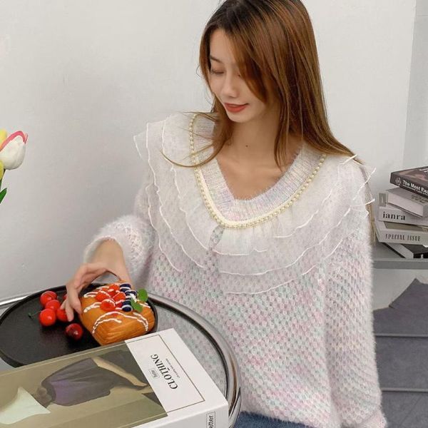 women's sweaters women o neck long sleeve jumper fashion ruffles lace sweater female autumn winter casual loose knitted pullovers p82, White;black 
women's sweaters women o neck long sleeve jumper fashion ruffles lace sweater female autumn winter casual loose knitted pullovers p82, White;black