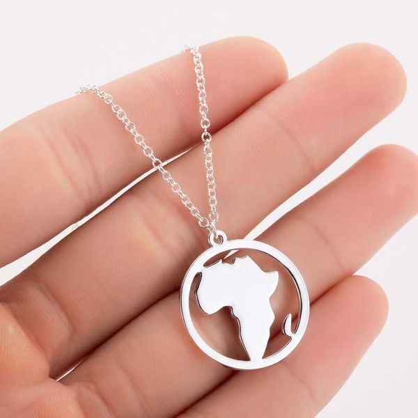 necklace female stainless steel round map of africa pendant necklaces, Silver