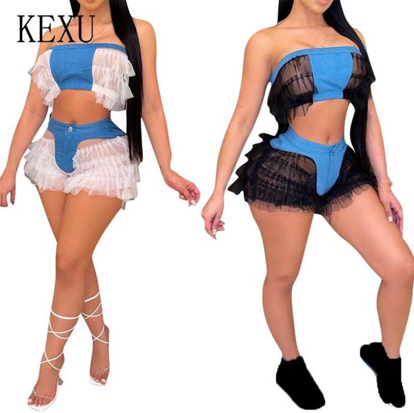 denim mesh patchwork see though club party women's set strapless crop and ruffles shorts two piece summer outfits tracksuits, Gray
denim mesh patchwork see though club party women's set strapless crop and ruffles shorts two piece summer outfits tracksuits, Gray