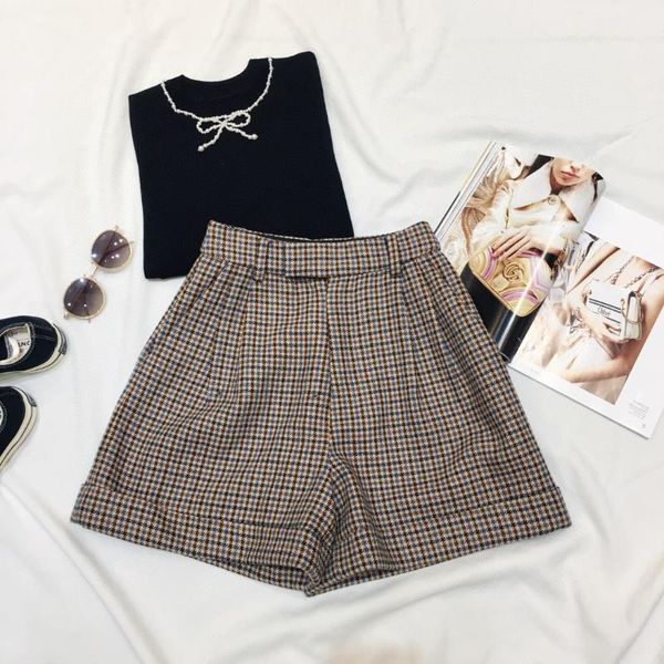 women's shorts 2021 women fashion loose wool plaid 0921, White;black