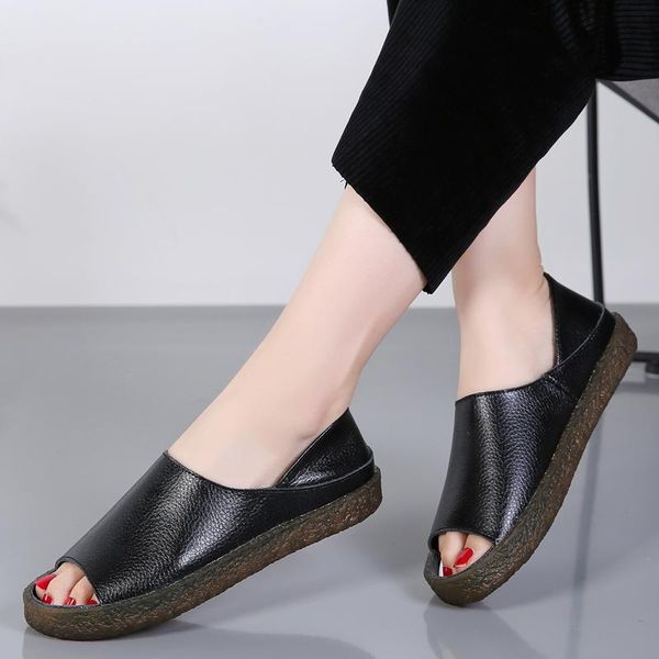 sandals nice genunie leather women summer shoes casual shallow slip on peep-toe flat sandale femme plus size 35-43, Black