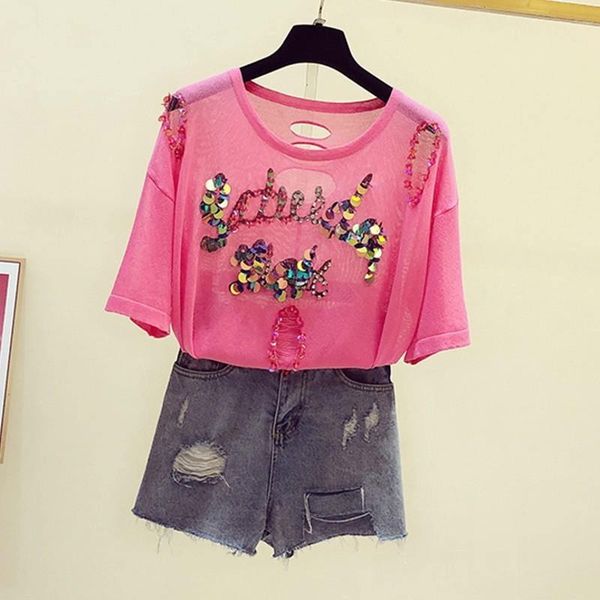 women's t-shirt 2021 summer letters sequins ripped round neck short sleeve loose knitted casual all-match tee, White
women's t-shirt 2021 summer letters sequins ripped round neck short sleeve loose knitted casual all-match tee, White