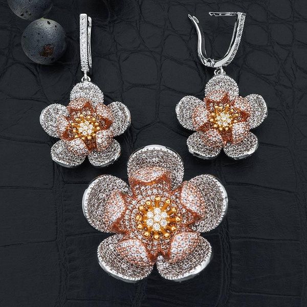 earrings & necklace modemangel cubic zircon three tones gold flower dangle ring set for women wedding party jewelry gift, Silver 
earrings & necklace modemangel cubic zircon three tones gold flower dangle ring set for women wedding party jewelry gift, Silver