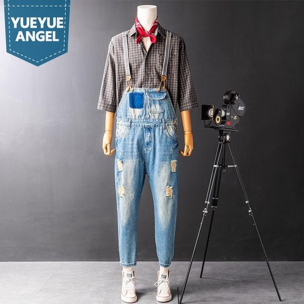 men's jeans vintage hole ripped straight denim overalls men high waist strap jumpsuits casual ankle length cargo pencil pants rompers, Blue
men's jeans vintage hole ripped straight denim overalls men high waist strap jumpsuits casual ankle length cargo pencil pants rompers, Blue