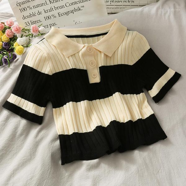 women's t-shirt striped women short sleeve t-shirts summer skinny turn-down collar crop panelled design all-match girls knitted studen, White
women's t-shirt striped women short sleeve t-shirts summer skinny turn-down collar crop panelled design all-match girls knitted studen, White