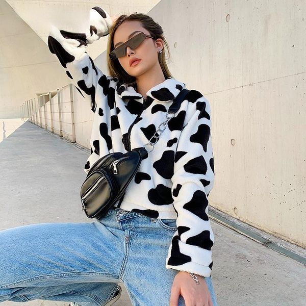 women's fur & faux cow print coat women animal printed casual furry crop teddy jacket zipper harajuku korean overcoat autumn, Black
women's fur & faux cow print coat women animal printed casual furry crop teddy jacket zipper harajuku korean overcoat autumn, Black