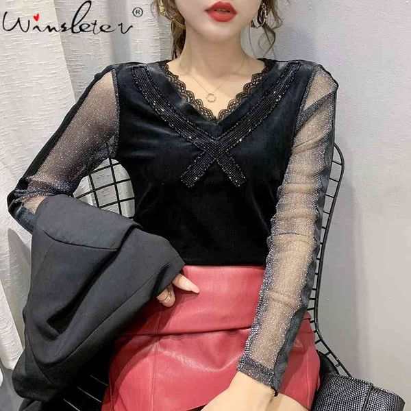 women's t-shirt fall winter european clothes girl fashion v-neck shiny beads velvet patchwork mesh women pullover tees t, White
women's t-shirt fall winter european clothes girl fashion v-neck shiny beads velvet patchwork mesh women pullover tees t, White