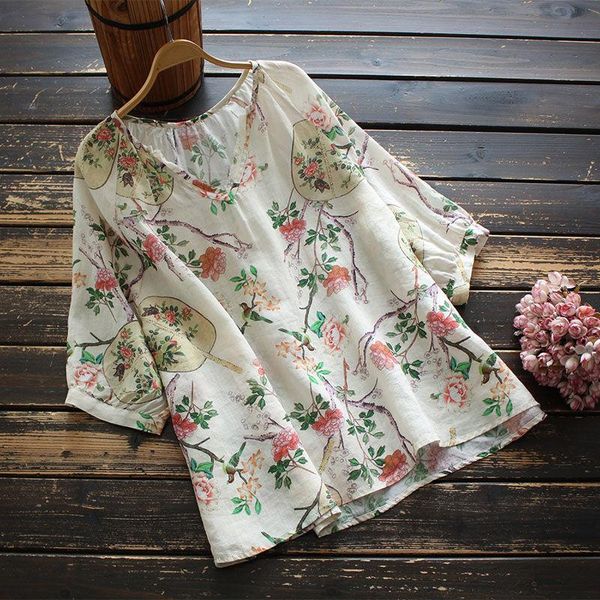 women's blouses & shirts summer style blouse literary shirt loose short-sleeved v-neck printed pullover women, White
women's blouses & shirts summer style blouse literary shirt loose short-sleeved v-neck printed pullover women, White