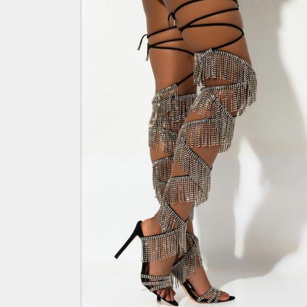 boots bling rhinestone tassels stiletto heel over knee gladaitor sandals thin straps crystal fringes sandal drop ship, Black
boots bling rhinestone tassels stiletto heel over knee gladaitor sandals thin straps crystal fringes sandal drop ship, Black