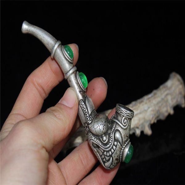 china folk old tibetan silver-embedded ice green jade tibetan silver pipe, Brown
china folk old tibetan silver-embedded ice green jade tibetan silver pipe, Brown