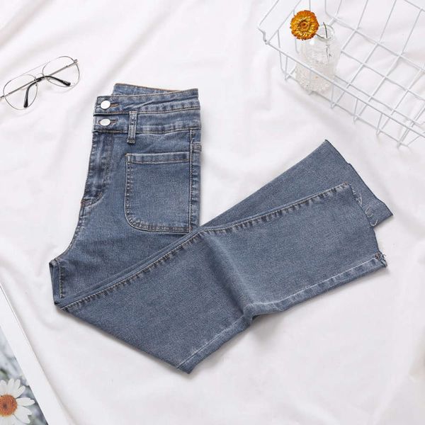 large pocket high waist thin tube loose spring and autumn elastic nine point pipe pants, Blue
large pocket high waist thin tube loose spring and autumn elastic nine point pipe pants, Blue
