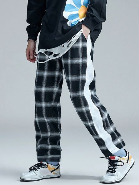 men plaid contrast side seam straight leg pants w2xu#, Black
men plaid contrast side seam straight leg pants w2xu#, Black