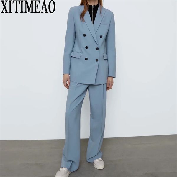 za women fashion office wear double breasted blazers coat vintage long sleeves outerwear and high waist casual pants 2-piece set 211019, White;black
za women fashion office wear double breasted blazers coat vintage long sleeves outerwear and high waist casual pants 2-piece set 211019, White;black